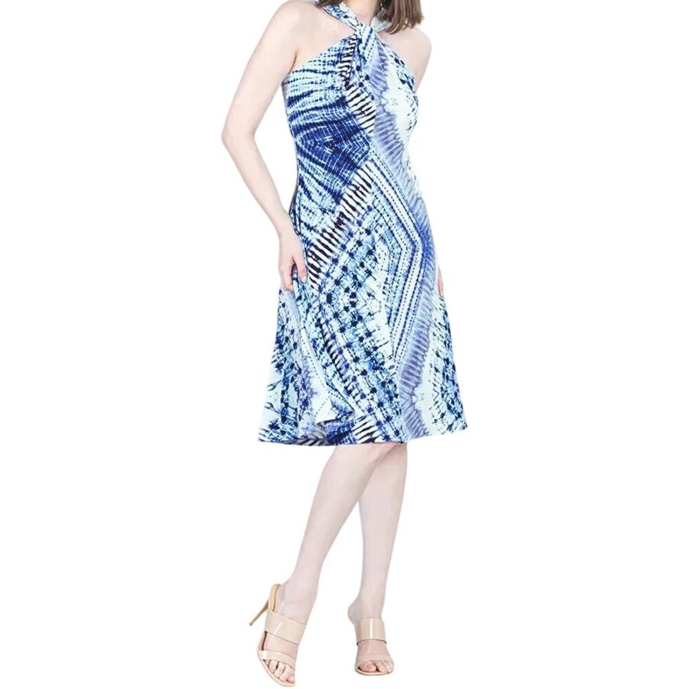 Clara Sun Woo Grecian Halter Swing Dress Acid Wash Printed Mini Blue White L NWT